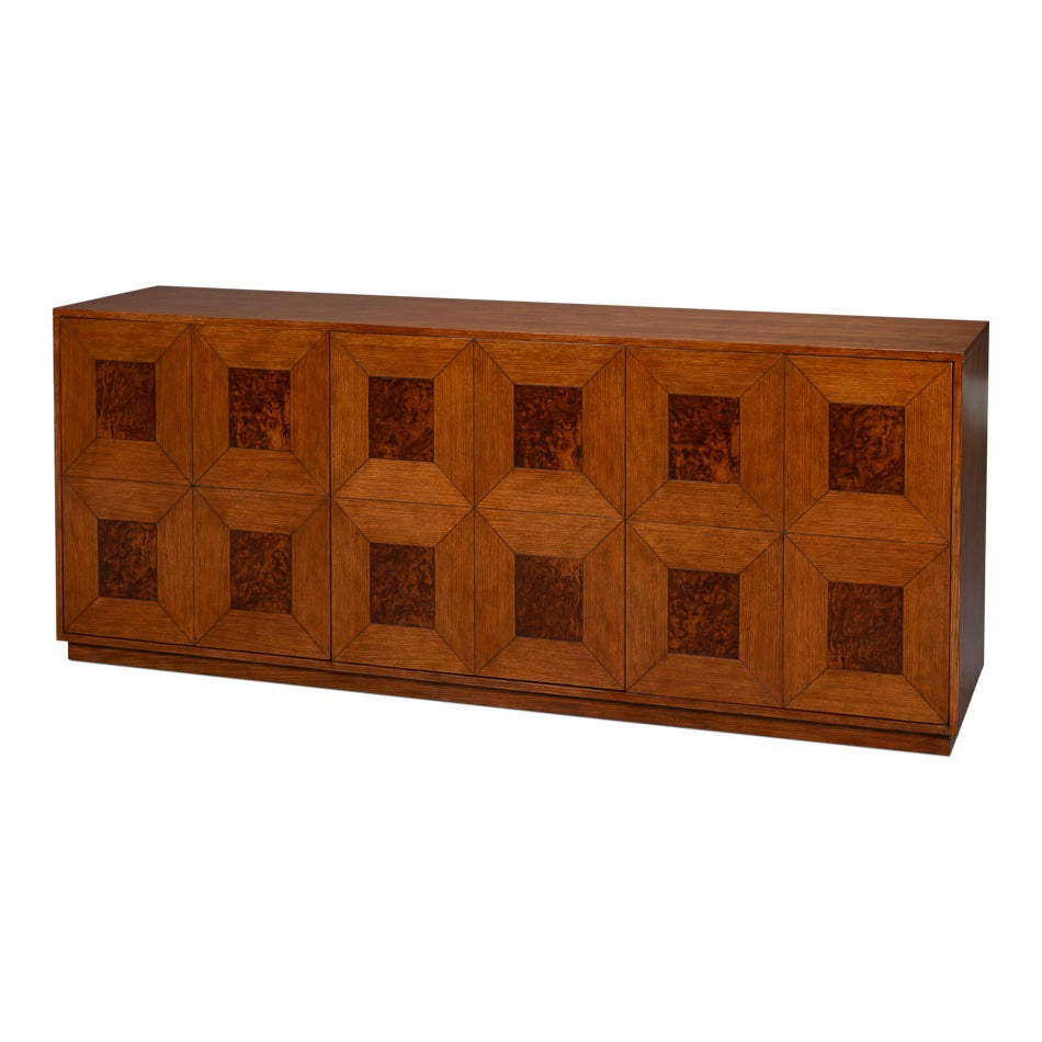 Old-World Marquetry Credenza, 86" – Walnut and Oak with Burl-Inset Geometric Door Panels – styled view