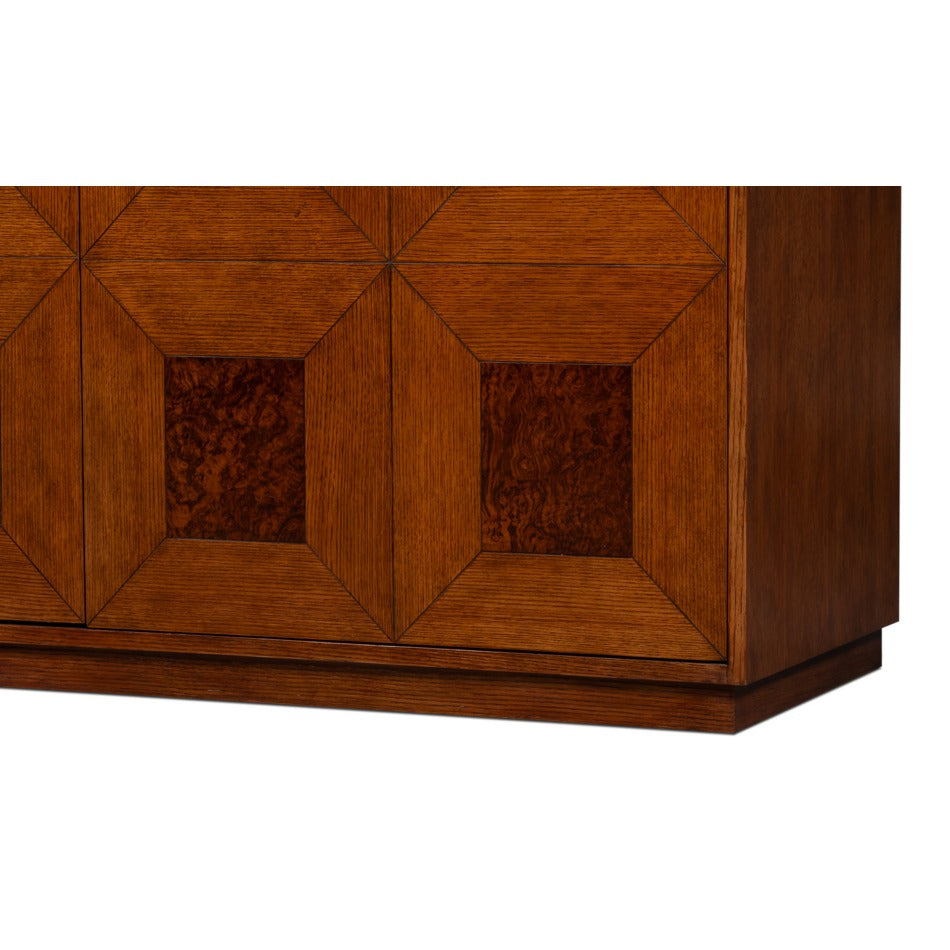 Old-World Marquetry Credenza, 86" – Walnut and Oak with Burl-Inset Geometric Door Panels - additional view