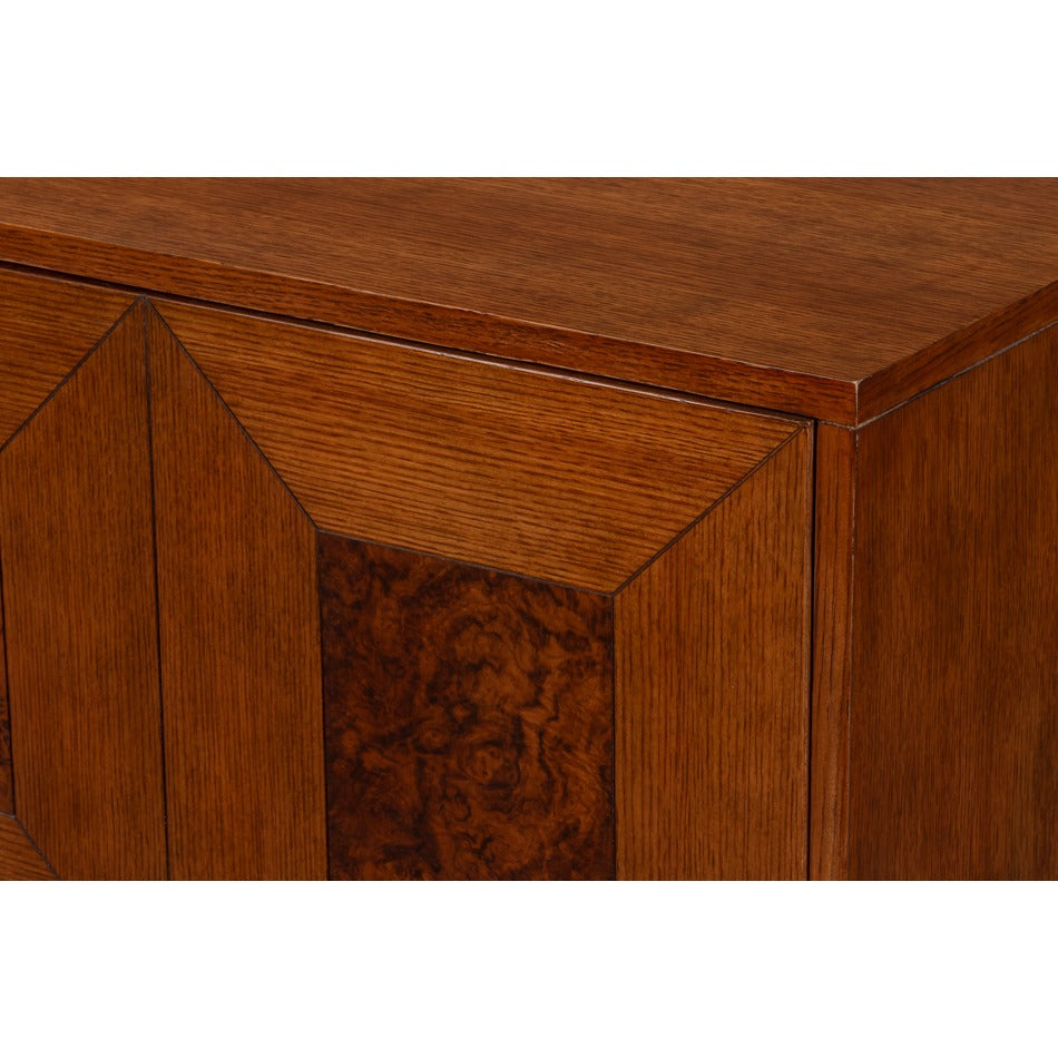 Old-World Marquetry Credenza, 86" – Walnut and Oak with Burl-Inset Geometric Door Panels - additional view