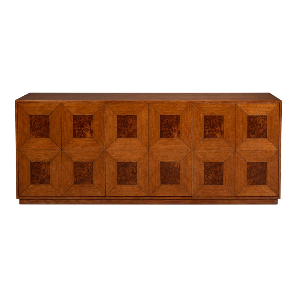 Old-World Marquetry Credenza, 86" – Walnut and Oak with Burl-Inset Geometric Door Panels - additional view