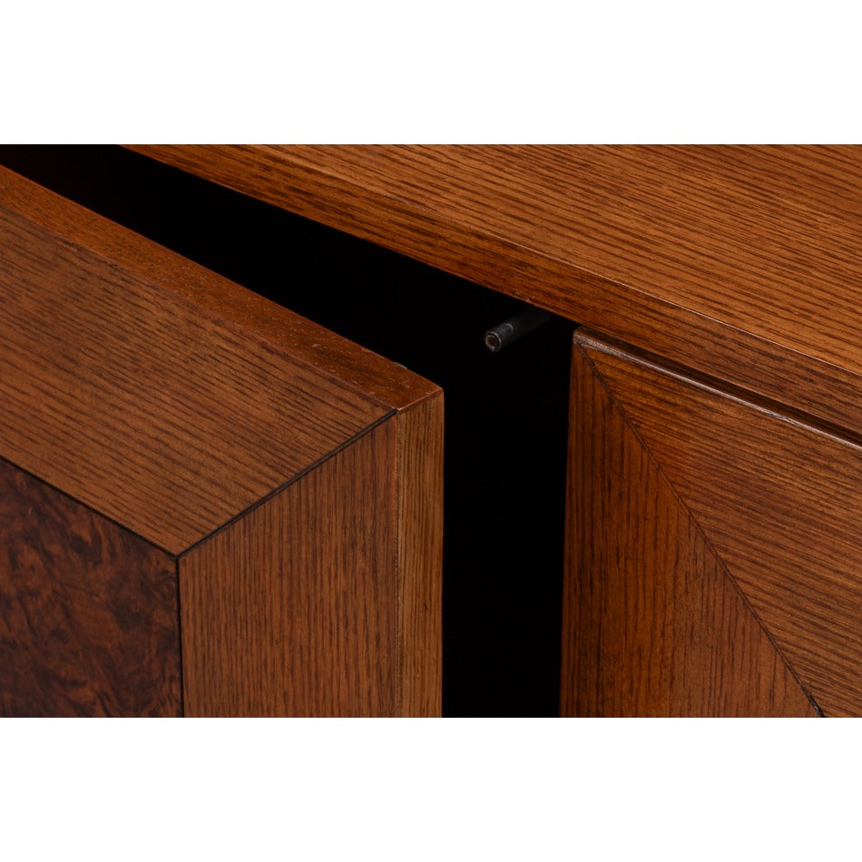 Old-World Marquetry Credenza, 86" – Walnut and Oak with Burl-Inset Geometric Door Panels - additional view