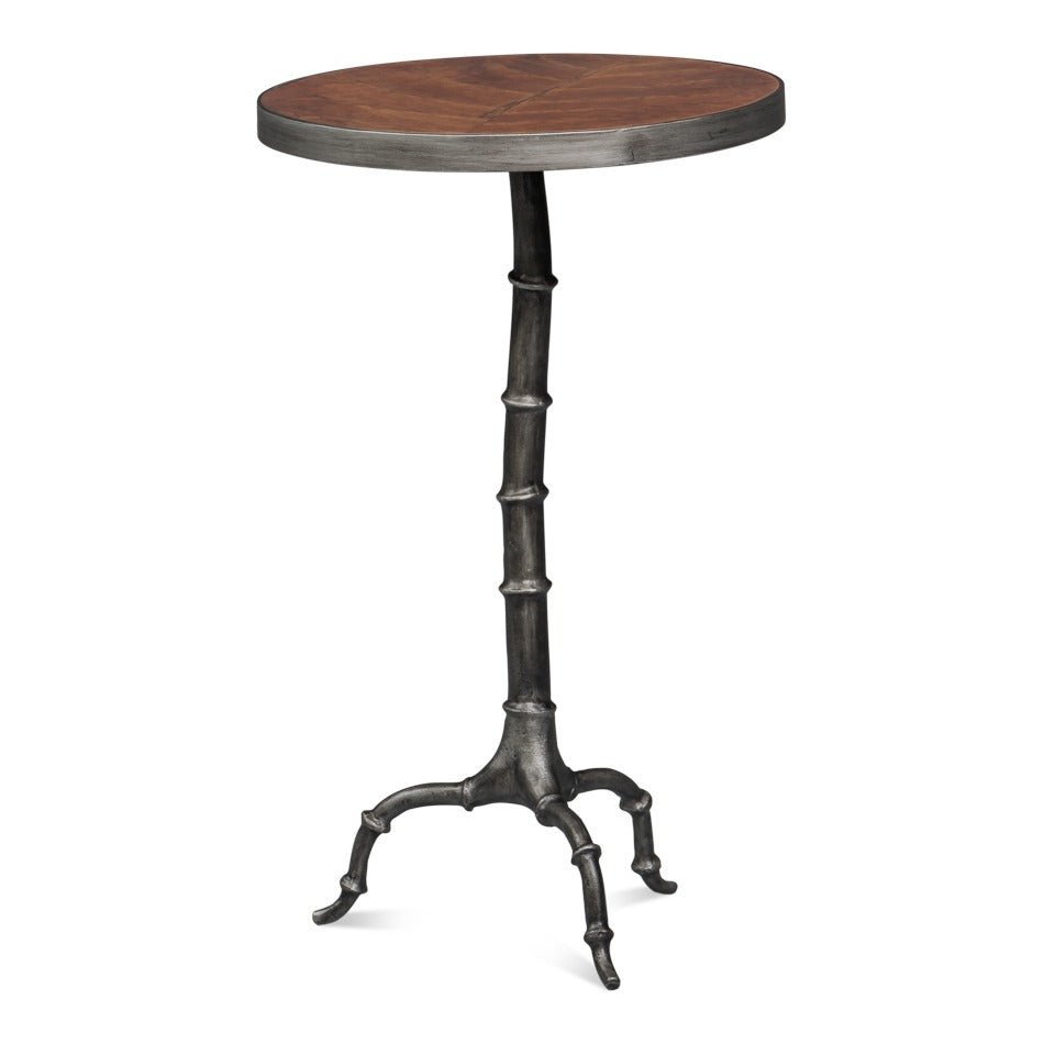 Tall round drink table in cast aluminum with bamboo-segmented pedestal in pewter tone finish