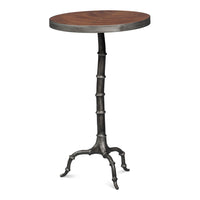 Tall round drink table in cast aluminum with bamboo-segmented pedestal in pewter tone finish