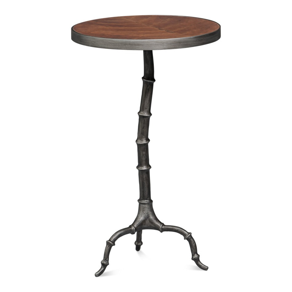 Pewter-Finish Cast Aluminum Drink Table with Bamboo-Segmented Pedestal - additional view