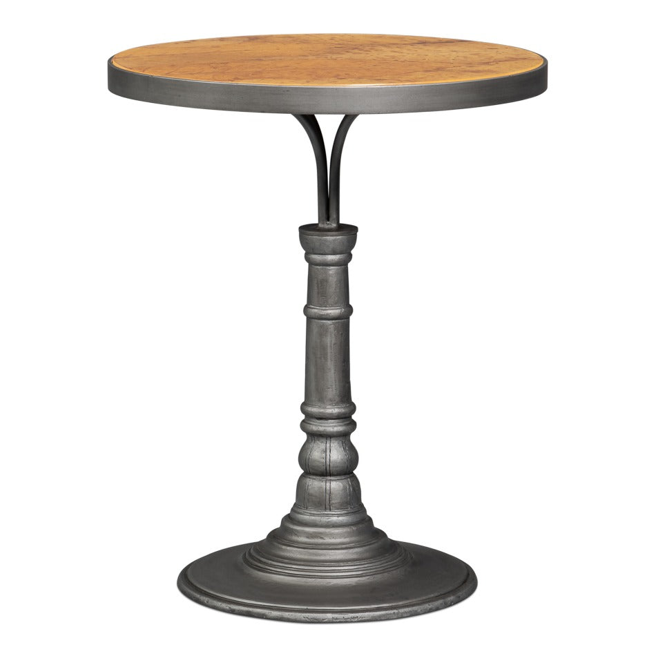 round cast aluminum pedestal accent table with warm wood-tone inset top and gunmetal finish
