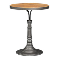 round cast aluminum pedestal accent table with warm wood-tone inset top and gunmetal finish