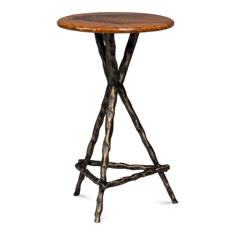 Cast aluminum drink table with branch-form tripod base in brown finish with aged brass highlights