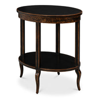 two-tier oval side table in ebony finish with carved apron and curved cabriole legs