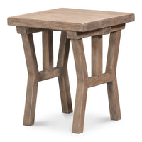 Square side table with thick plank top in natural pine veneer on splayed trestle legs