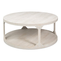 Round drum coffee table in hand-rubbed gray pine with lower platform shelf