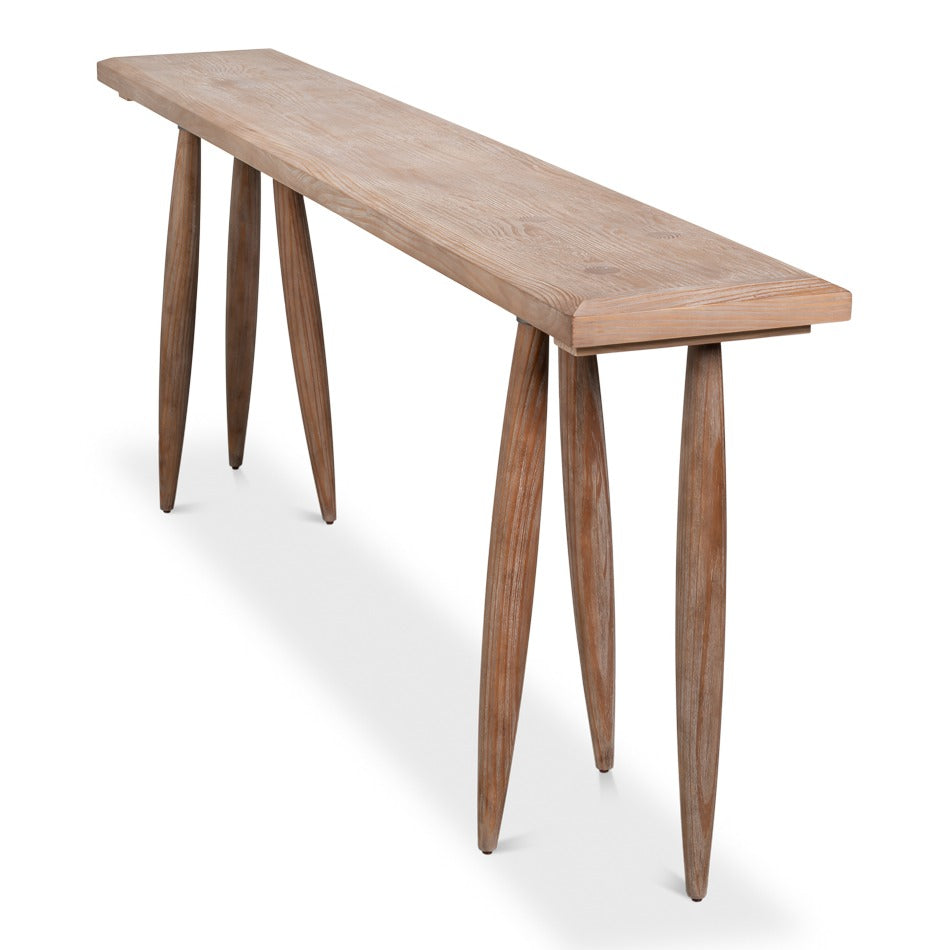 Long Carved-Leg Console Table – Natural Pine with Splayed Spindle Supports - additional view