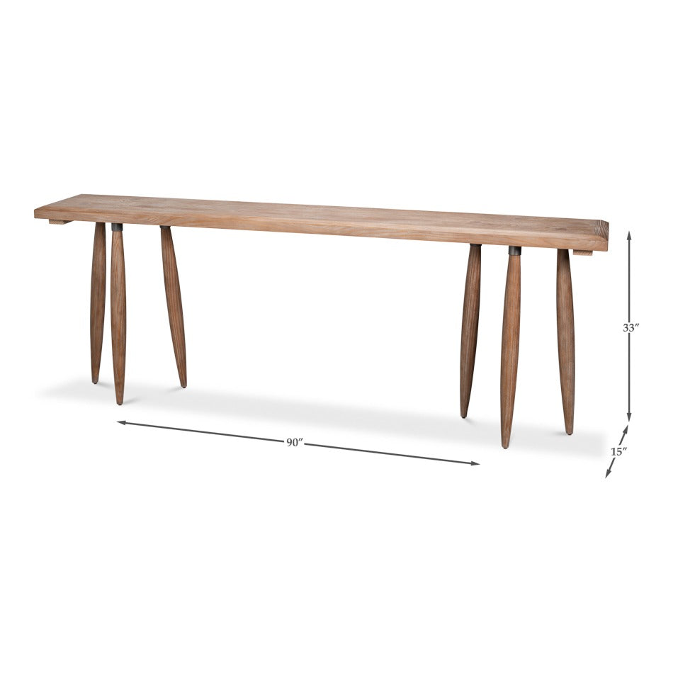 Long Carved-Leg Console Table – Natural Pine with Splayed Spindle Supports - dimension drawing