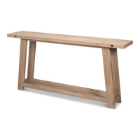 Long farmhouse console table in naturally aged pine with tapered legs and open lower shelf