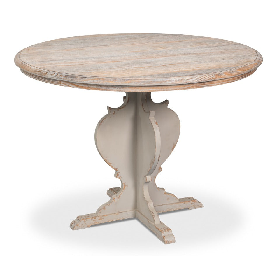 farmhouse round bistro table with a natural pine plank top and an antique white turned pedestal base with scrolled feet