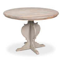 farmhouse round bistro table with a natural pine plank top and an antique white turned pedestal base with scrolled feet