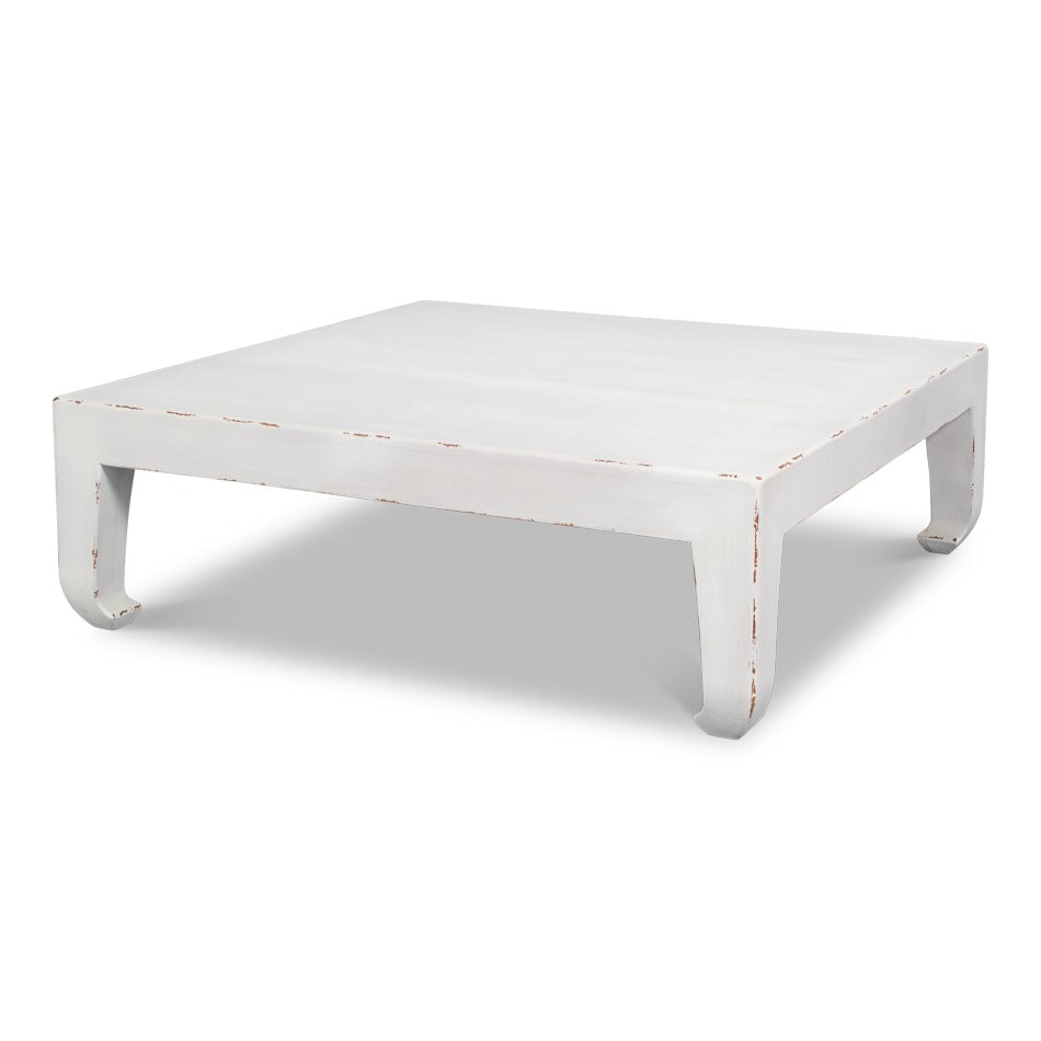 Square Asian-inspired cocktail table in hand-rubbed white pine with Ming hoof feet
