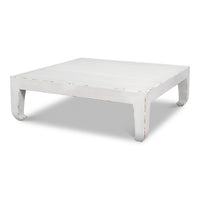 Square Asian-inspired cocktail table in hand-rubbed white pine with Ming hoof feet
