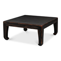 Asian-inspired square cocktail table with curved splayed legs in ebonized black lacquer finish
