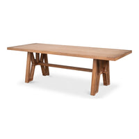 Rustic 98-inch trestle dining table in natural aged pine with plank top, geometric cutout trestle ends, and a horizontal stretcher