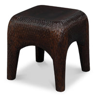 Solid mango wood cube side table with hand-chiseled vertical texture in dark brown finish