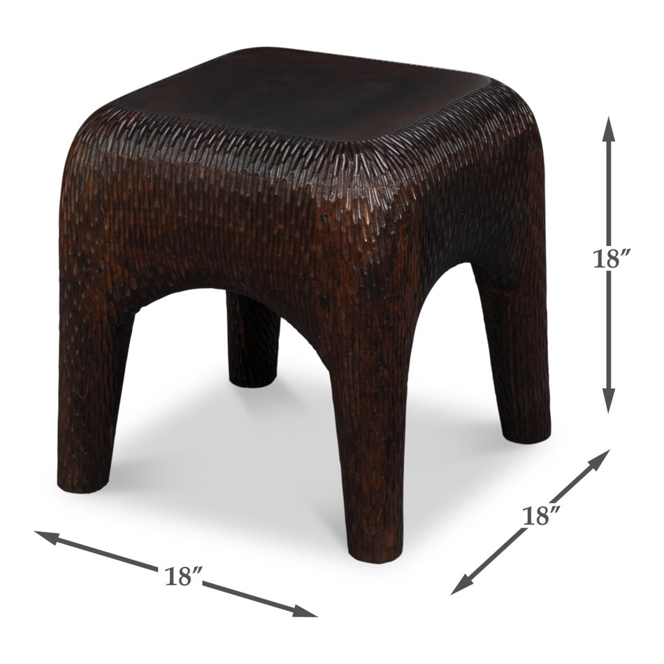 Hand-Carved Mango Wood Cube Side Table with Chiseled Texture - dimension drawing