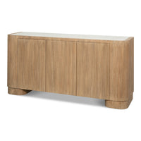 Long four-door sideboard in fumed oak with arched base cutout and drum feet