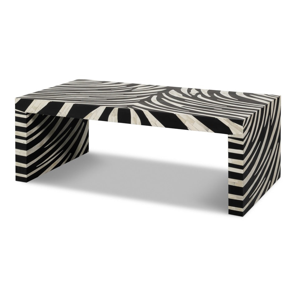 Bone inlay cocktail table with black and ivory waterfall base