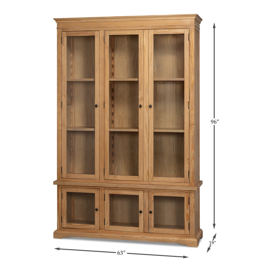 Tall Rustic Display Bookcase - Natural Reclaimed Pine with Glass Doors - dimension drawing