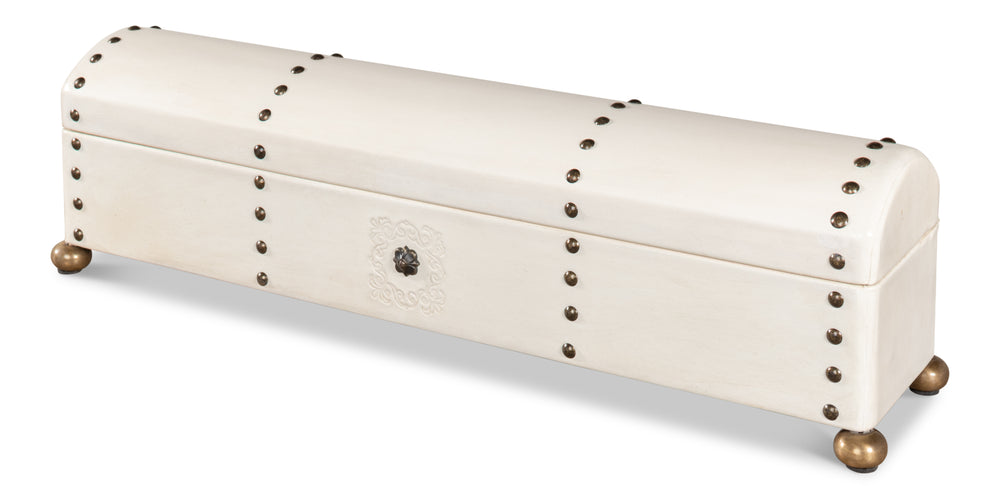 Ivory Leather Box with Brass Nailheads and Ball Feet