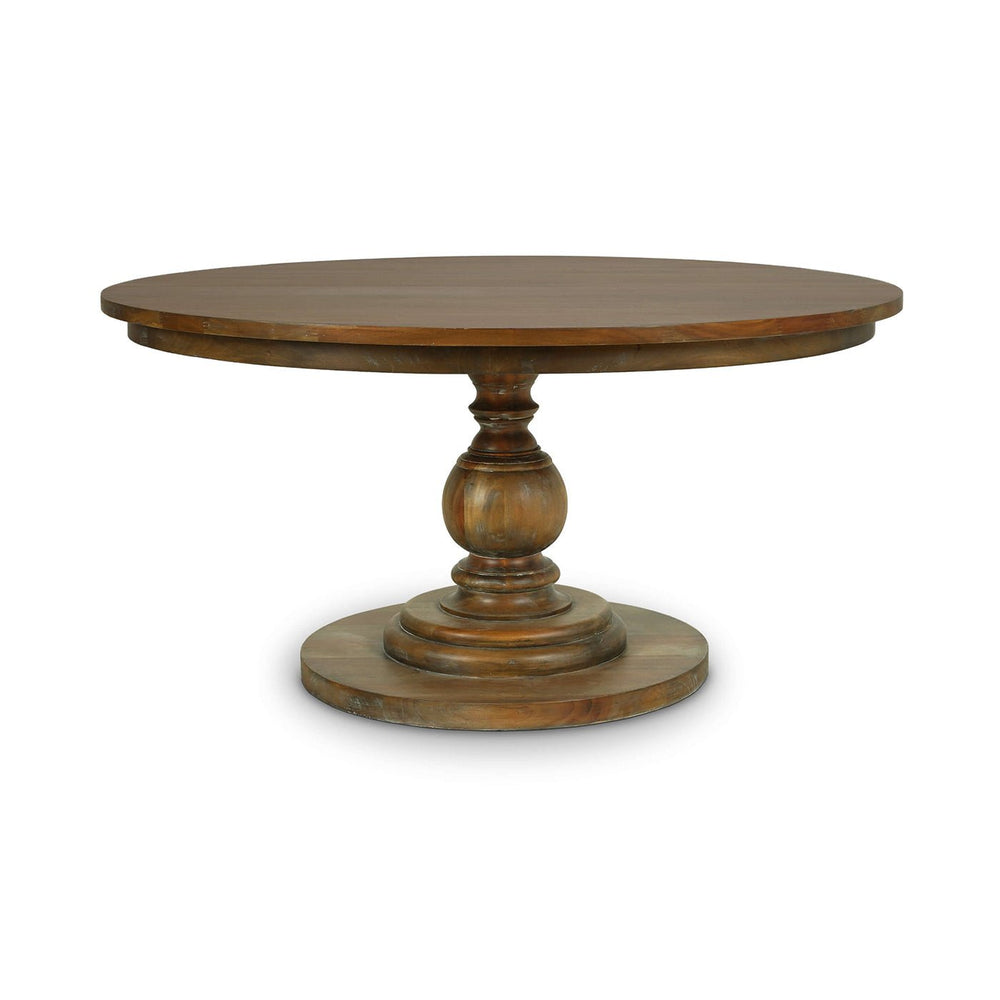Round pedestal dining table, side view, wooden design.