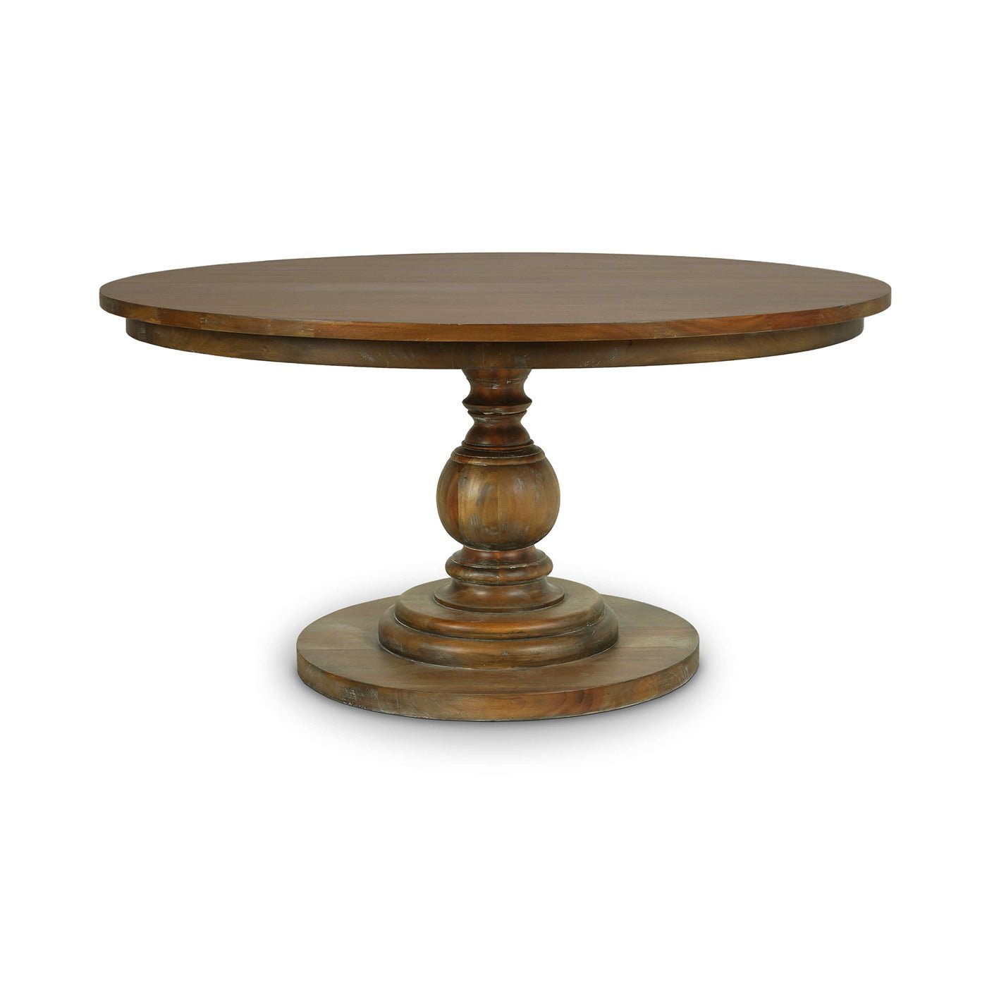 Round pedestal dining table, side view, wooden design.