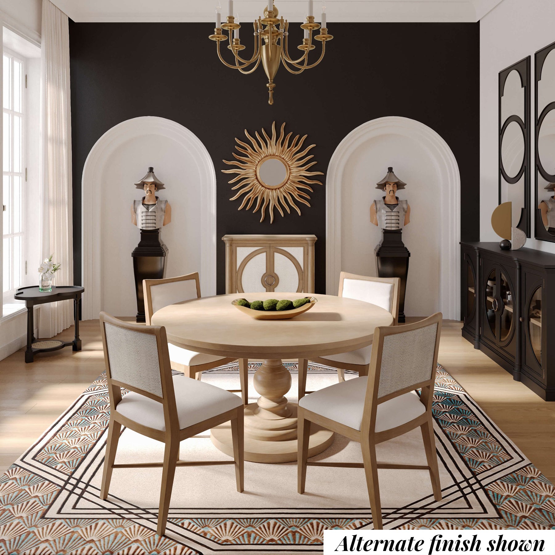 Dining room with round table, alternate finish shown.