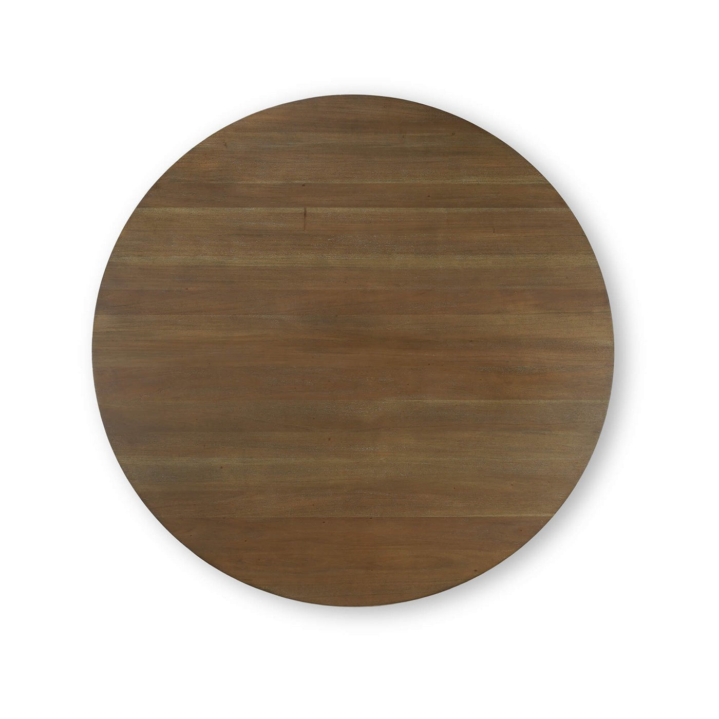 Top view of round dining table, wooden finish.
