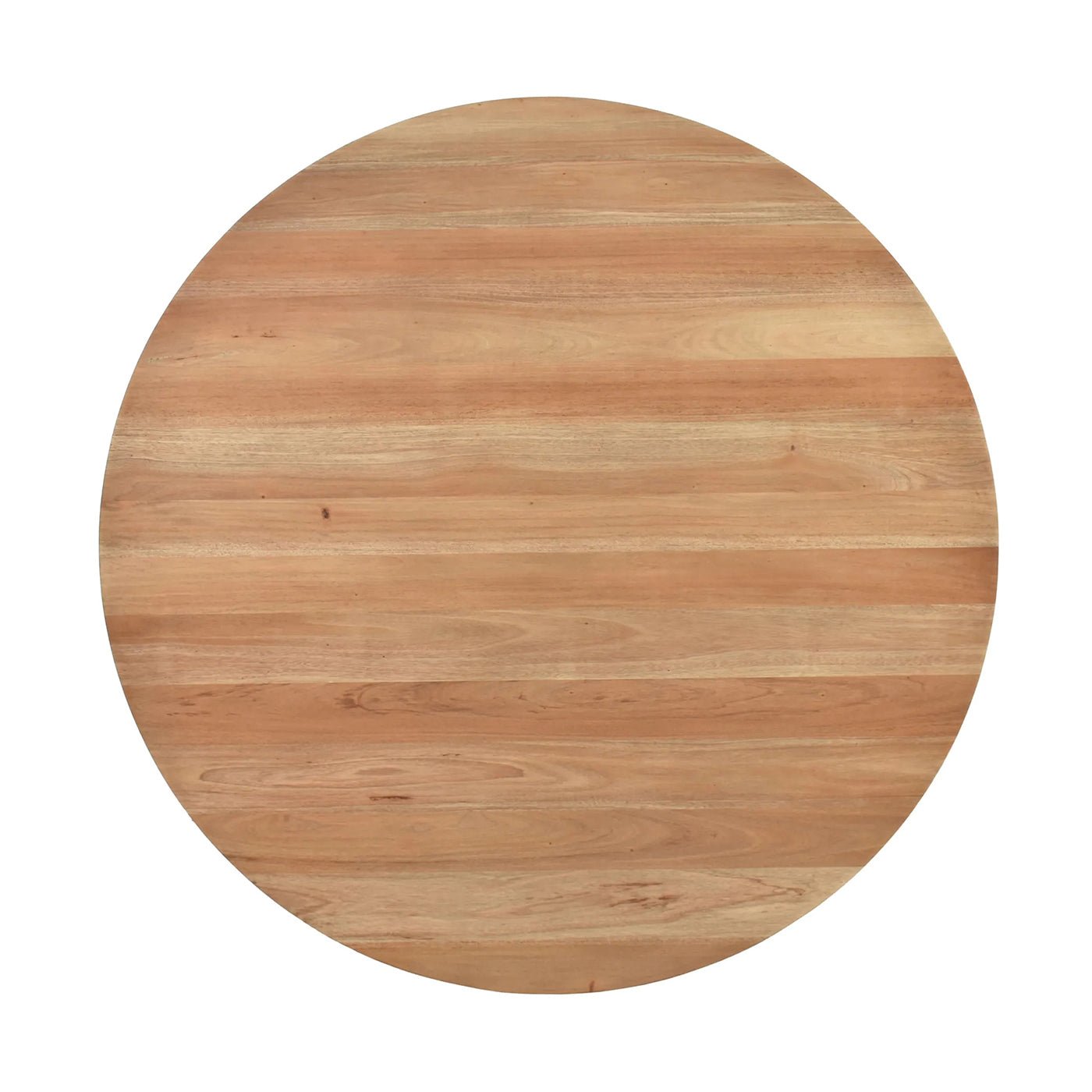 Top view of round fruitwood dining table.