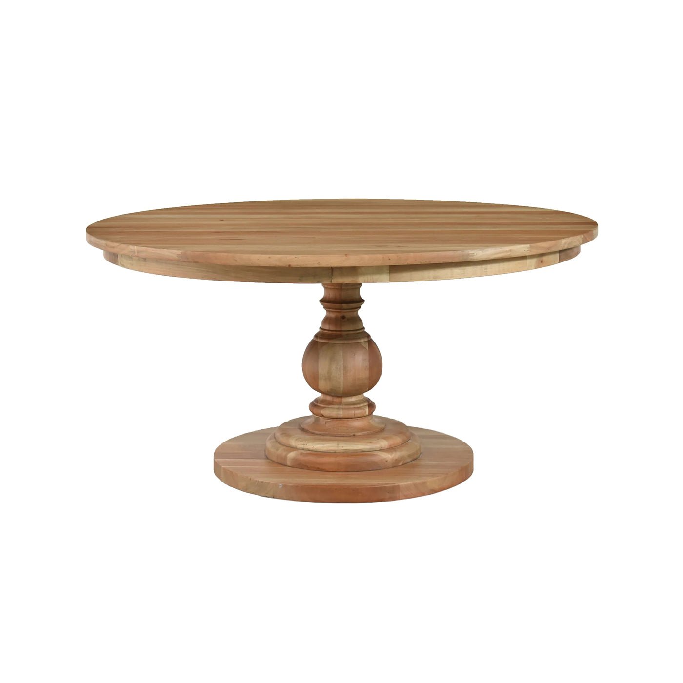 Round pedestal dining table in fruitwood finish, angled view.