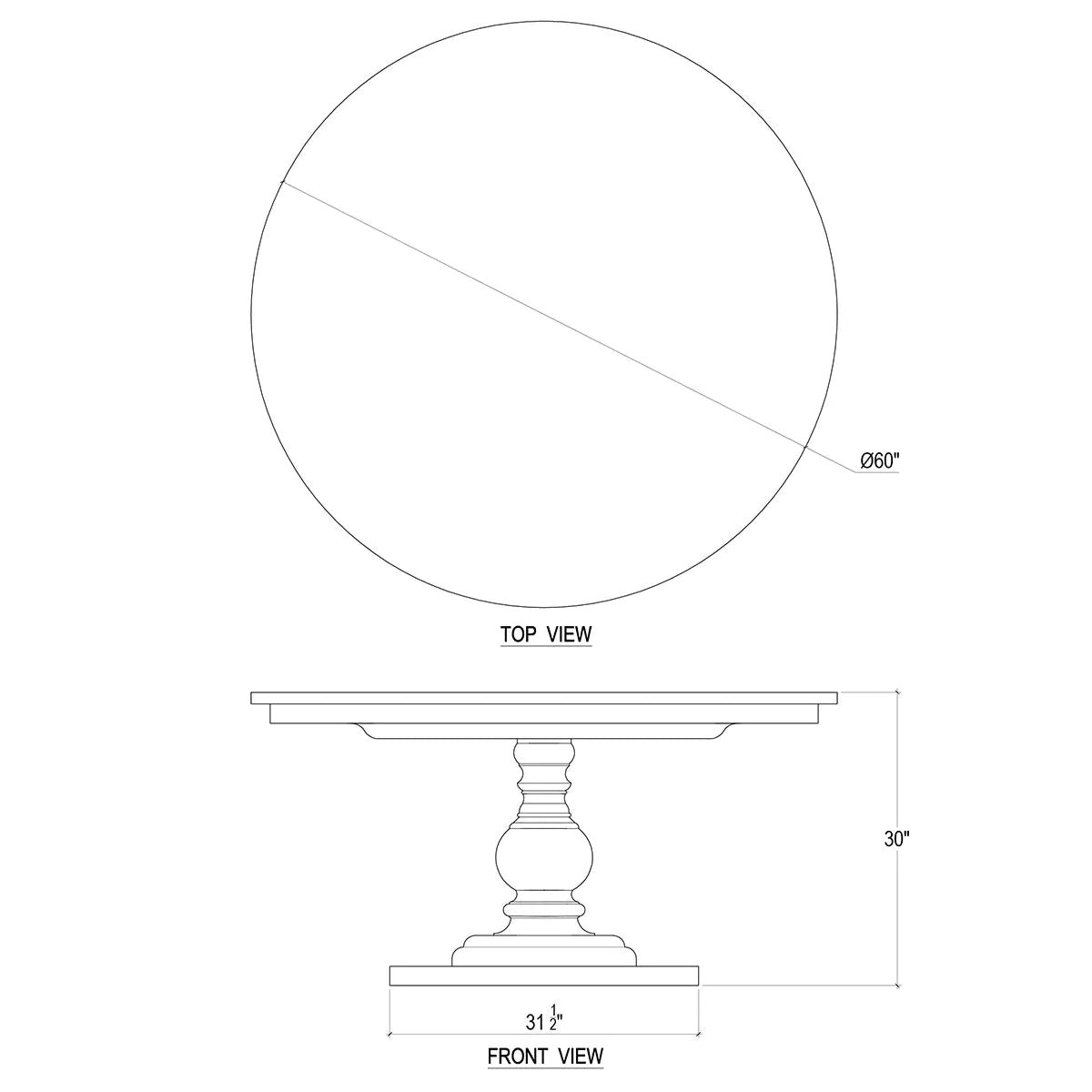 Dimensions diagram of fruitwood pedestal dining table.