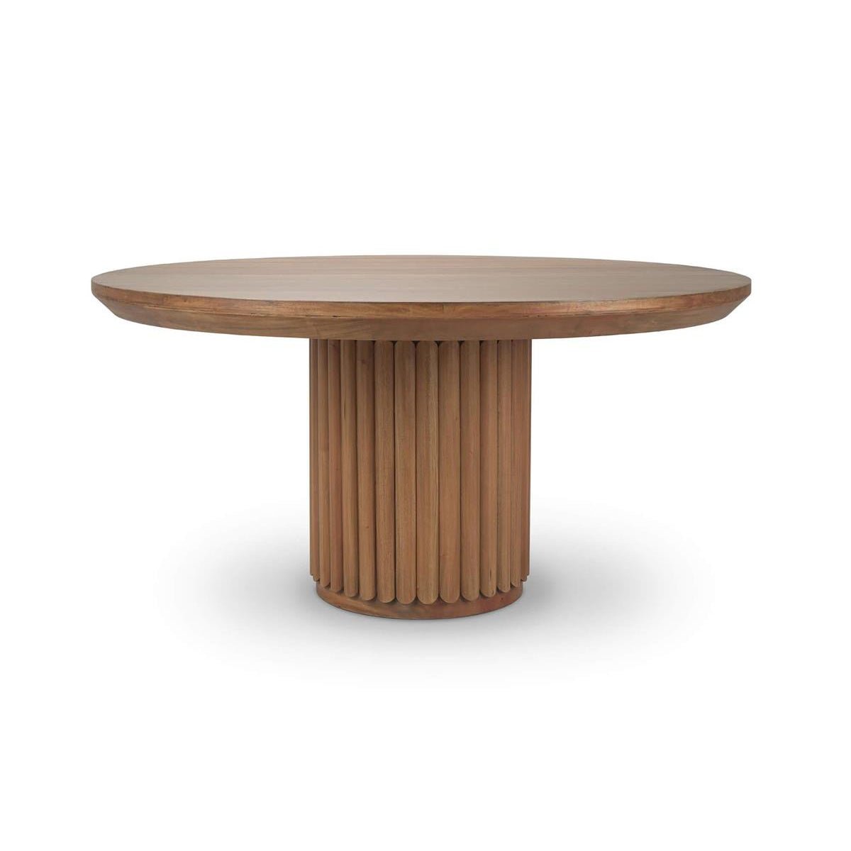 Round ribbed pedestal dining table, front view.