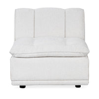 Front view of the white armless chair with a channelled back and broad seat cushion