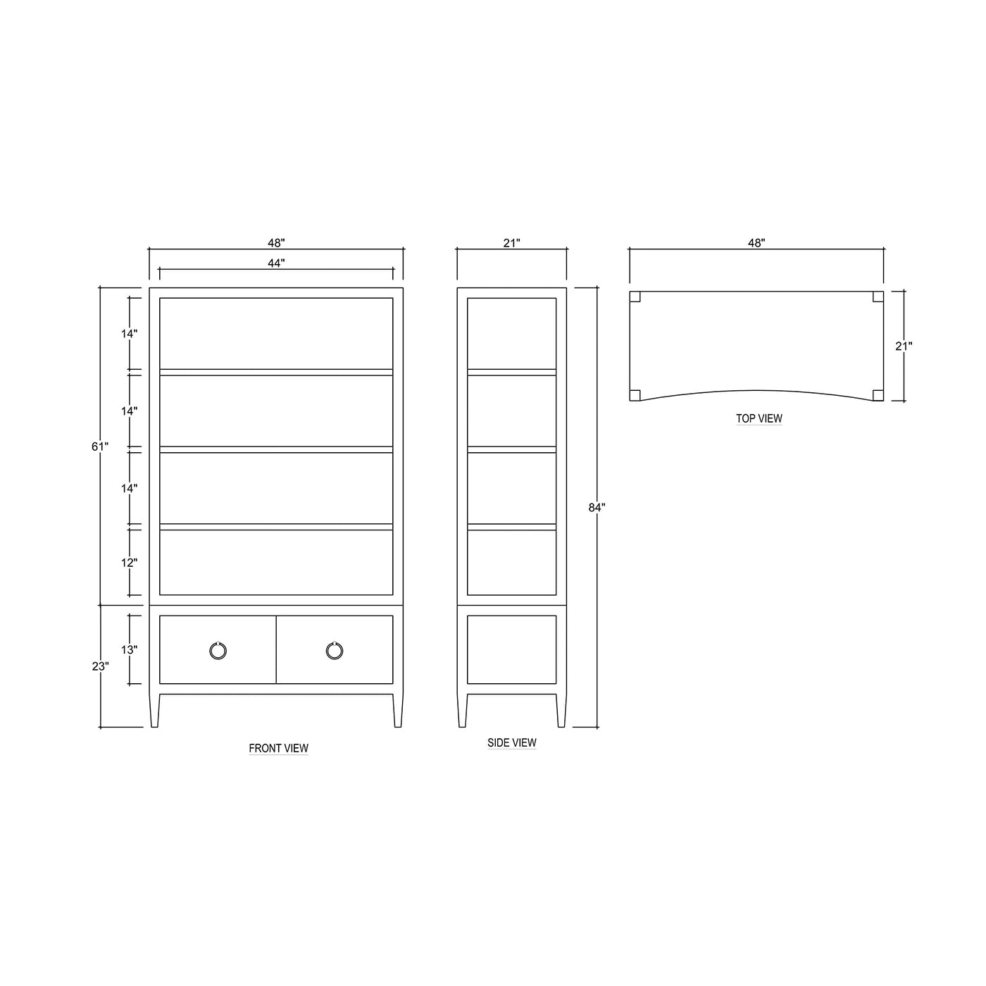 Diagram of etagere dimensions, front, side, and top views.