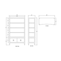 Diagram of etagere dimensions, front, side, and top views.