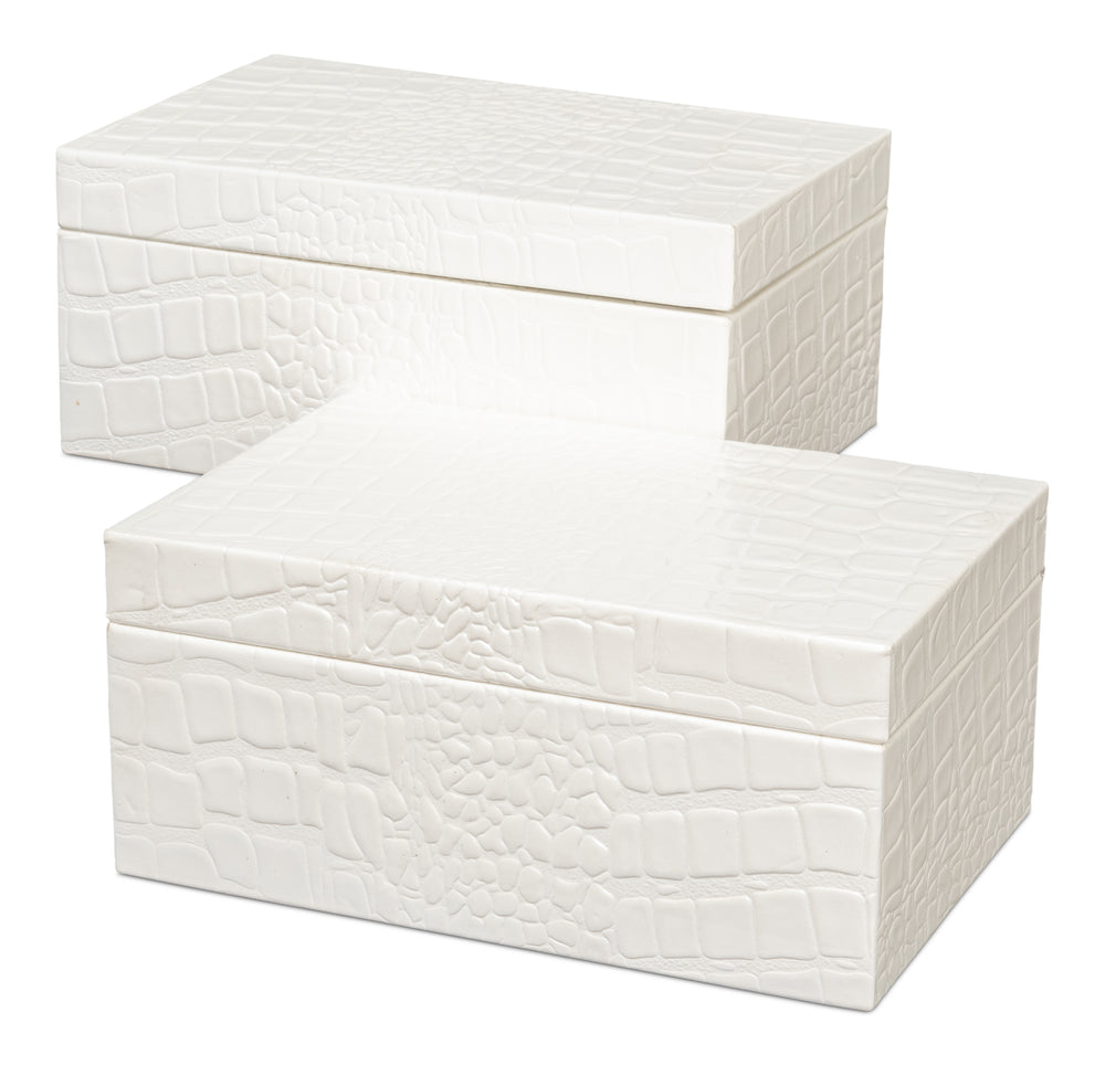Croc Leather Box in White, Set of 2