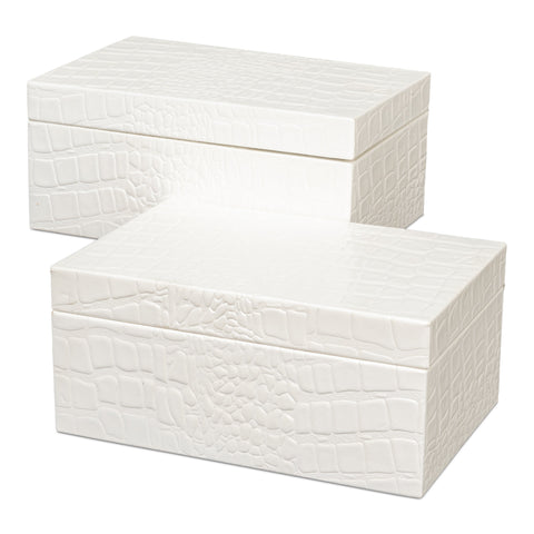 Croc Leather Box in White, Set of 2
