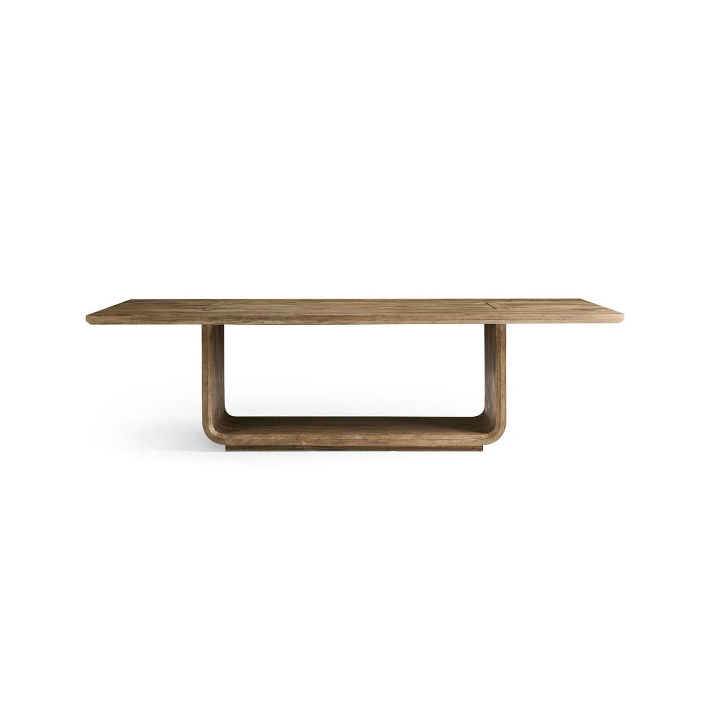 Front view of rustic modern wood dining table.
