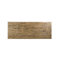Overhead view, rustic modern wood dining table surface.