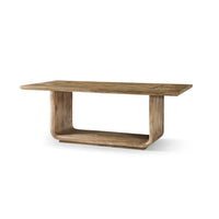 Rustic modern wood dining table, side angle view.