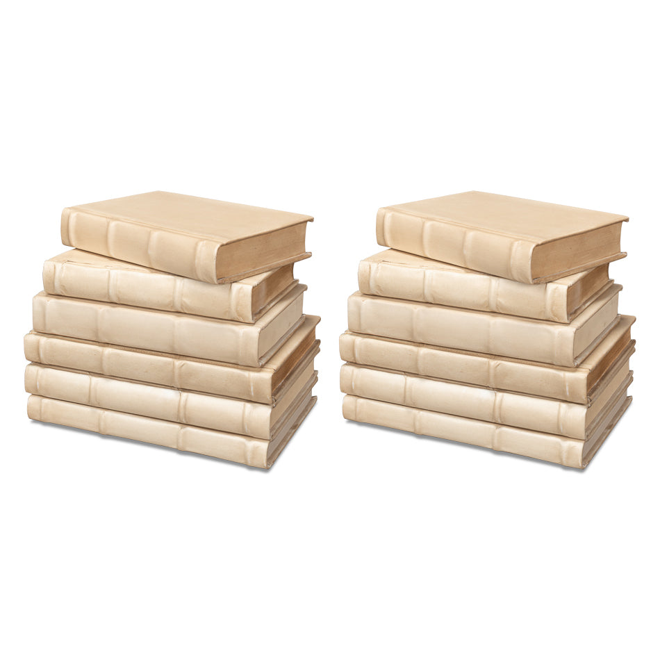 Antique White Leather-Bound Decorative Books, Set of 12