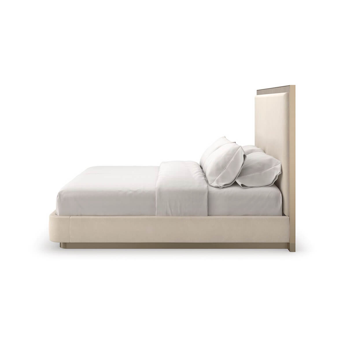 Side profile of classic modern upholstered queen bed.
