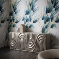 Contemporary Carved Credenza with Silver Leaf Doors