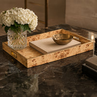 Contemporary Large Serving Tray with Brass Trim - Natural Burl Finish