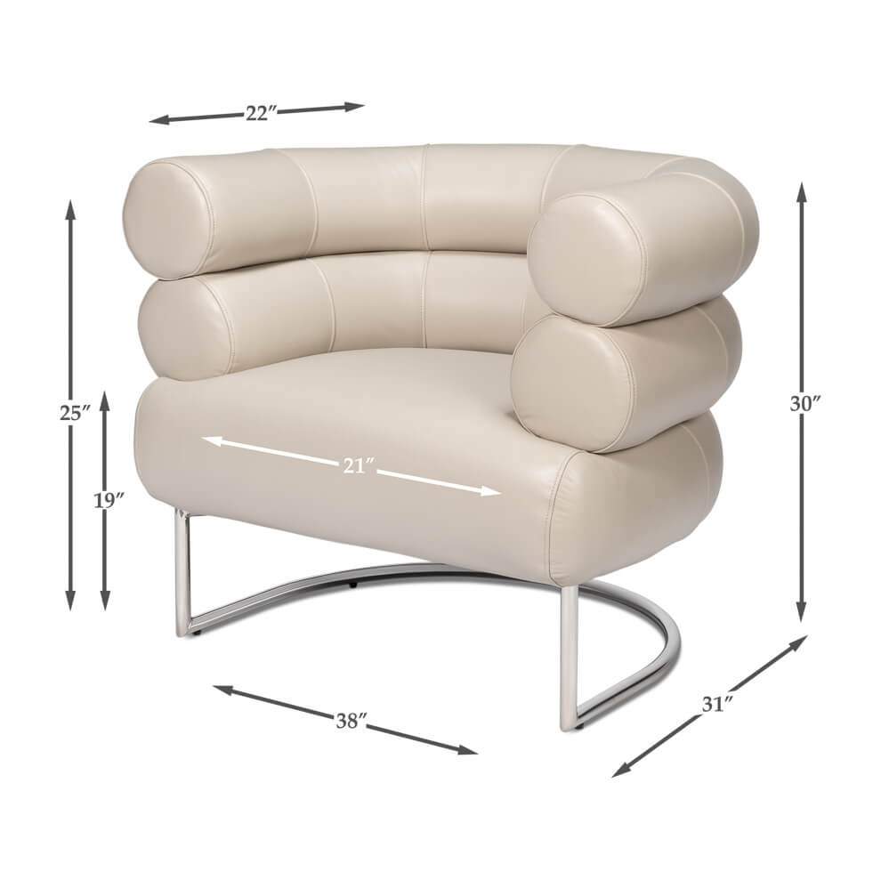 Dimensions of white leather accent chair illustrated.